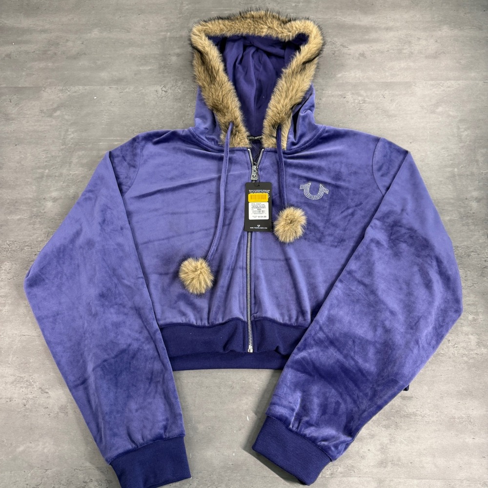 True Religion Hoodie Womens 3XL‎ Purple Crystal Velour Faux Fur Cropped Zip Up
